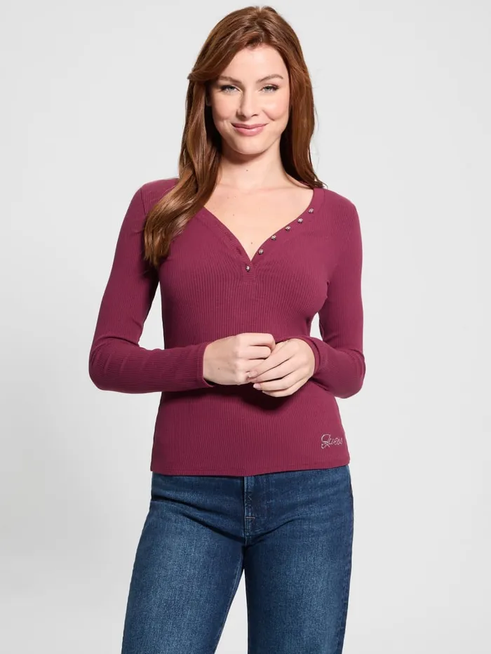 GUESS Tops Eco Kyla Rib Henley Tee Red 8211 Women