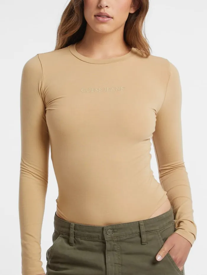 GUESS Tops Embroidered Logo Bodysuit Beige 8211 Women