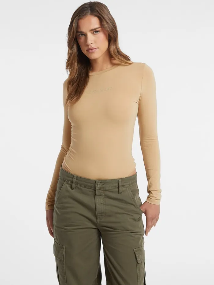 GUESS Tops Embroidered Logo Bodysuit Beige 8211 Women