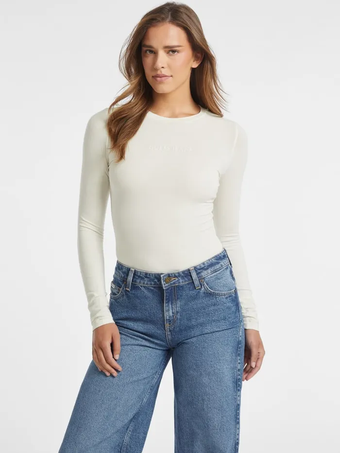 GUESS Tops Embroidered Logo Bodysuit Beige 8211 Women