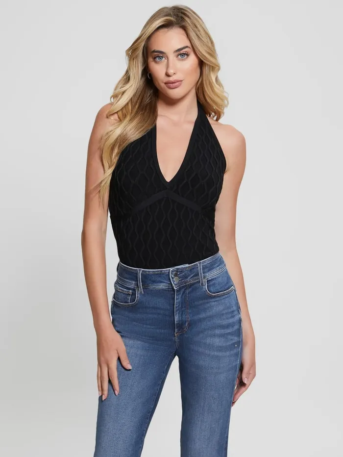 GUESS Tops Lucia Wavy Sweater Halter Top Black 8211 Women