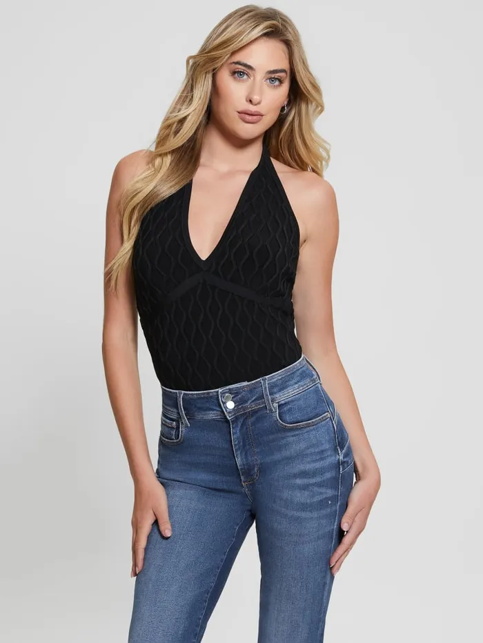 GUESS Tops Lucia Wavy Sweater Halter Top Black 8211 Women