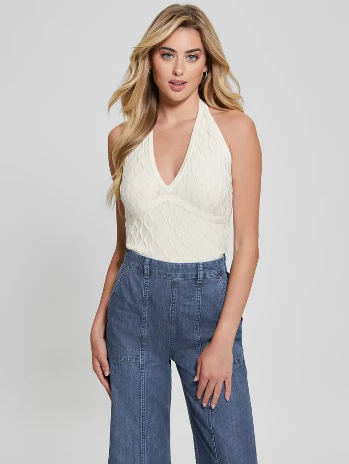 GUESS Tops Lucia Wavy Sweater Halter Top Black 8211 Women