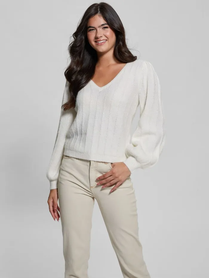 GUESS Tops Madeline Textured VNeck Sweater White 8211 Women