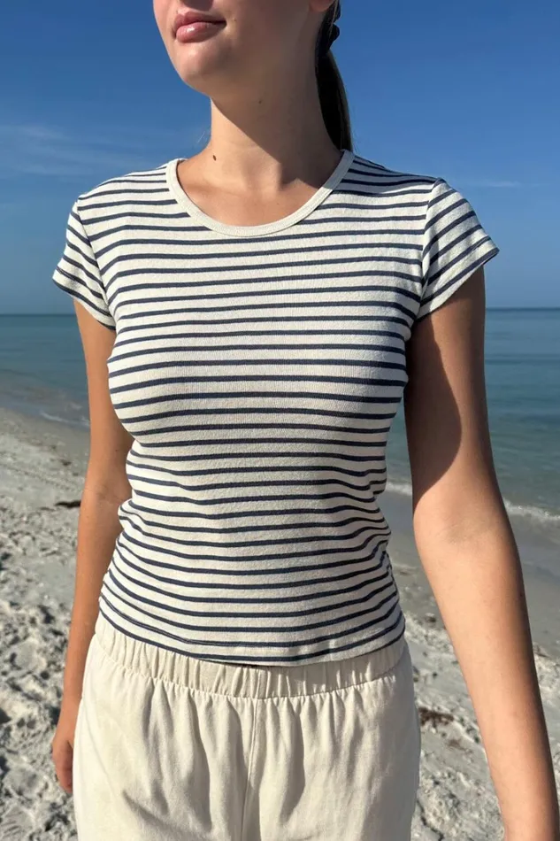 Hailie Long Striped Top Cream And Navy Stripe Women Brandy Melville Tops