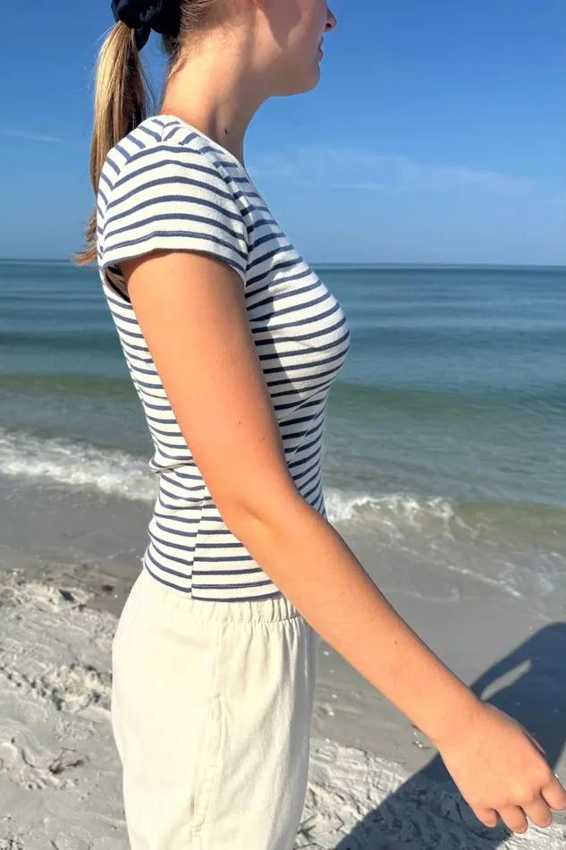 Hailie Long Striped Top Cream And Navy Stripe Women Brandy Melville Tops