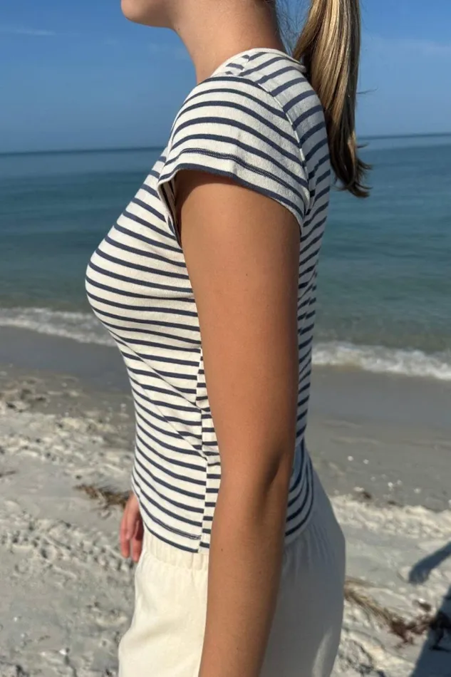 Hailie Long Striped Top Cream And Navy Stripe Women Brandy Melville Tops