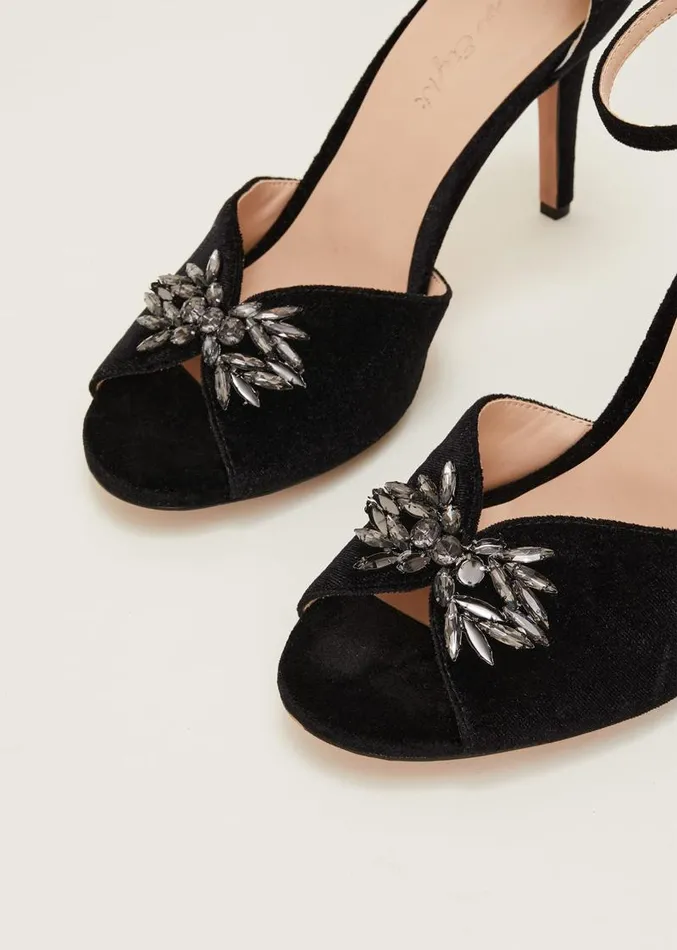 Jewel Front Velvet Sandal Black Women Phase Eight Occasion Shoes