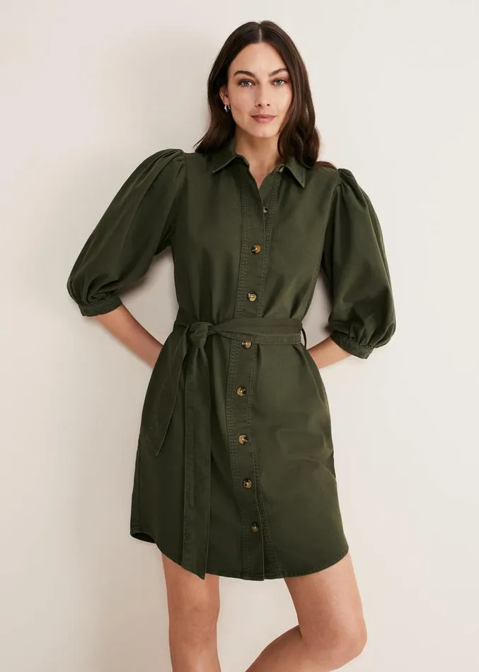 Josephine Denim Puff Sleeve Dress Khaki Women Phase Eight Dresses