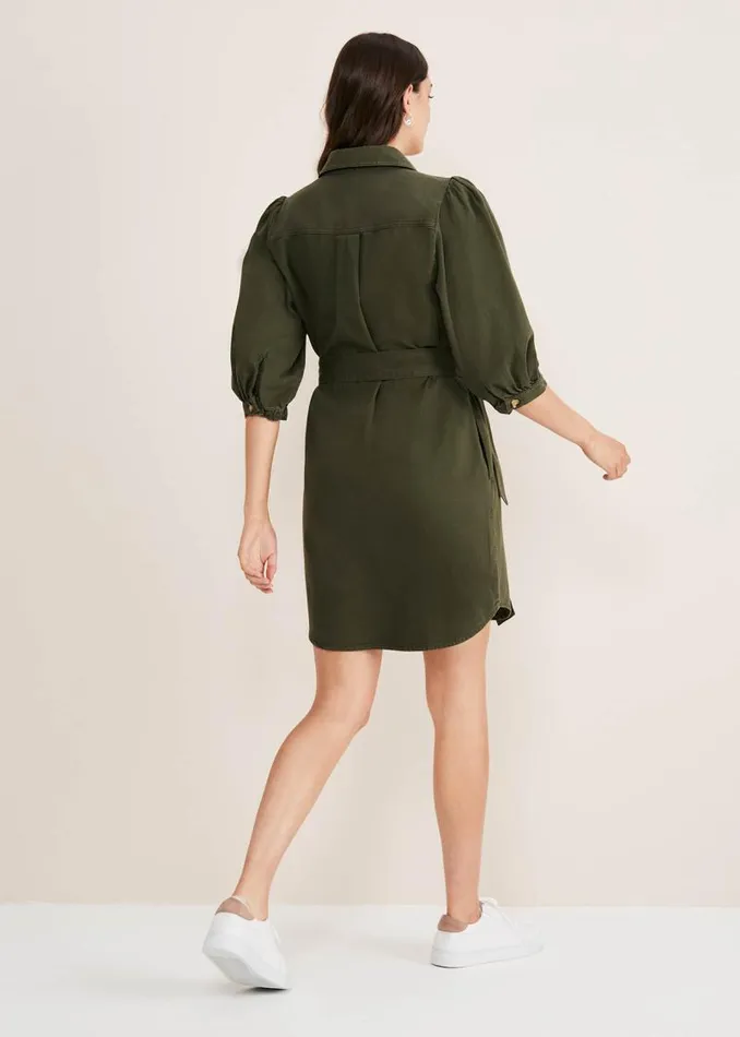 Josephine Denim Puff Sleeve Dress Khaki Women Phase Eight Dresses