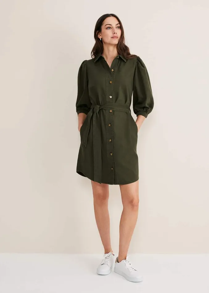 Josephine Denim Puff Sleeve Dress Khaki Women Phase Eight Dresses