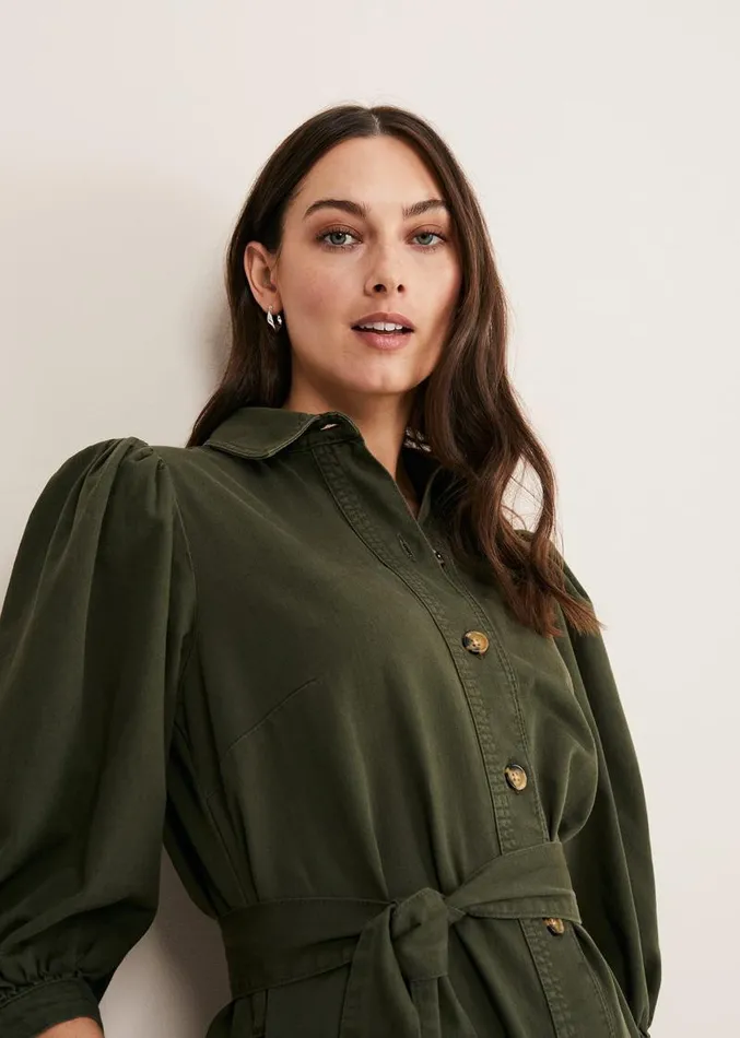Josephine Denim Puff Sleeve Dress Khaki Women Phase Eight Dresses