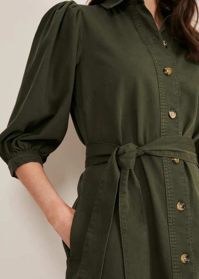Josephine Denim Puff Sleeve Dress Khaki Women Phase Eight Dresses