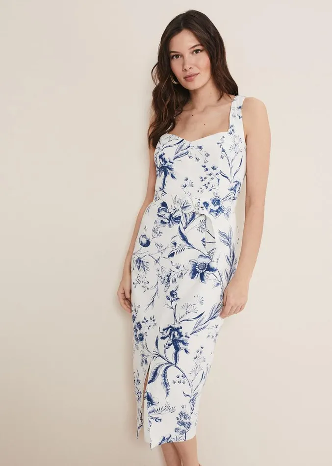 Kaya Linen Floral Bodycon Midi Dress Whiteblue Women Phase Eight Dresses