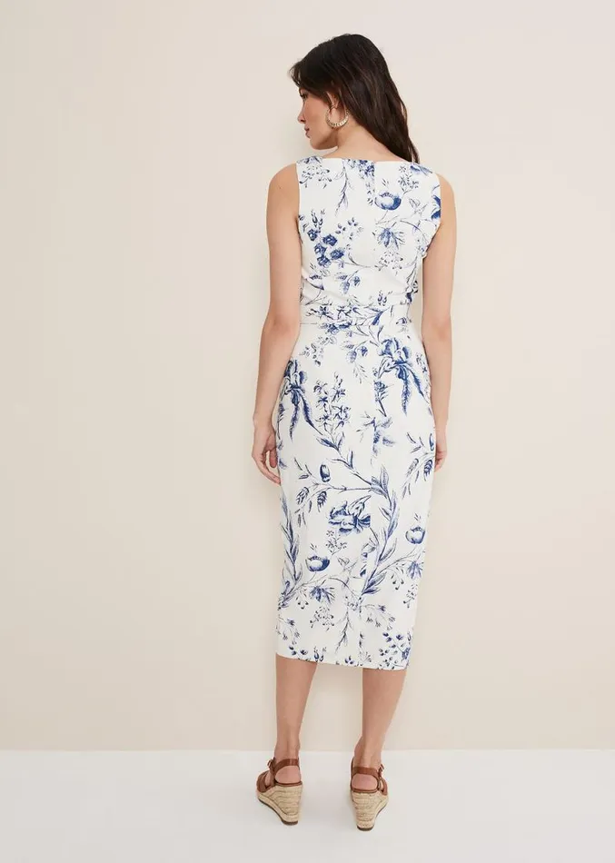 Kaya Linen Floral Bodycon Midi Dress Whiteblue Women Phase Eight Dresses
