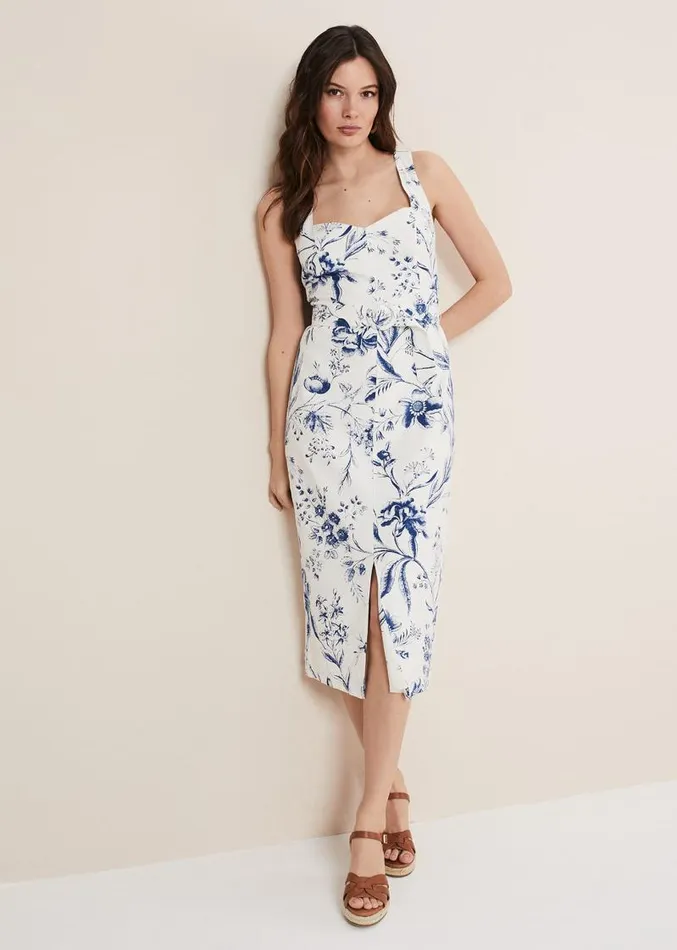 Kaya Linen Floral Bodycon Midi Dress Whiteblue Women Phase Eight Dresses