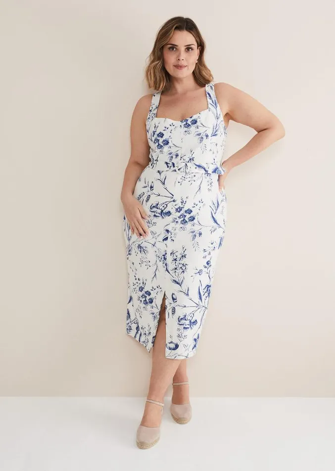 Kaya Linen Floral Bodycon Midi Dress Whiteblue Women Phase Eight Dresses