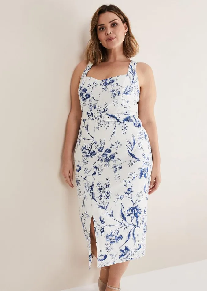 Kaya Linen Floral Bodycon Midi Dress Whiteblue Women Phase Eight Dresses