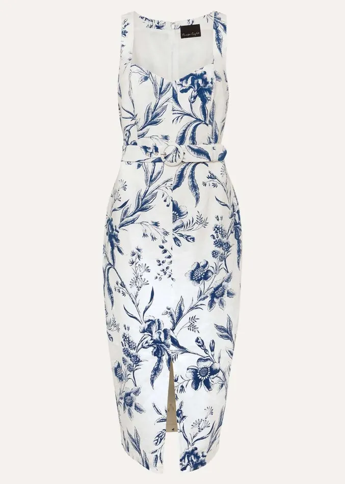 Kaya Linen Floral Bodycon Midi Dress Whiteblue Women Phase Eight Dresses