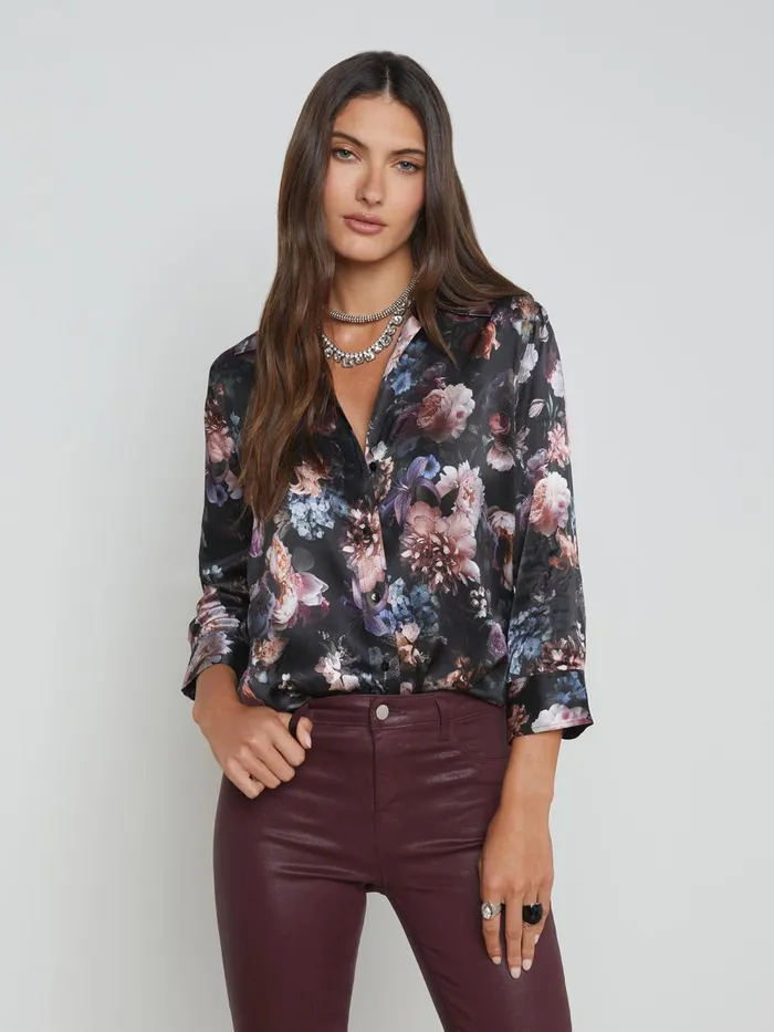 L039Agence Blouses and Tops Women Dani Silk Blouse Black Multi Vintage Oil Flower