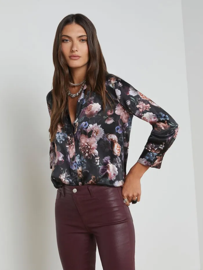 L039Agence Blouses and Tops Women Dani Silk Blouse Black Multi Vintage Oil Flower L039Agence Blouses and Tops Women Dani Silk Blouse Black Multi Vintage Oil Flower