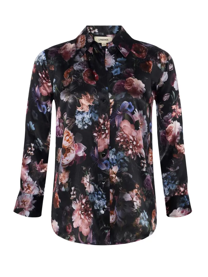 L039Agence Blouses and Tops Women Dani Silk Blouse Black Multi Vintage Oil Flower L039Agence Blouses and Tops Women Dani Silk Blouse Black Multi Vintage Oil Flower