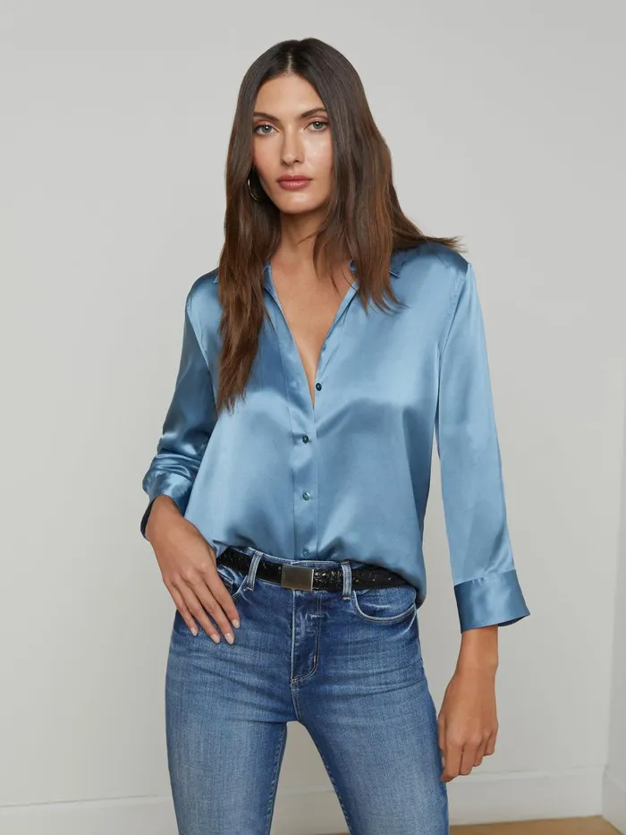 L039Agence Blouses and Tops Women Dani Silk Blouse Blue Mist