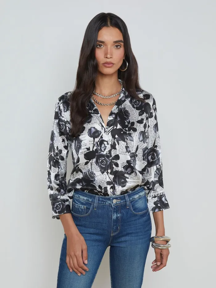 L039Agence Blouses and Tops Women Dani Silk Blouse Whiteblack Rose Newspaper