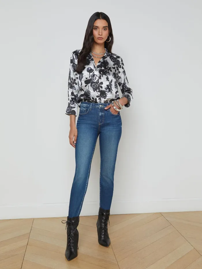 L039Agence Blouses and Tops Women Dani Silk Blouse Whiteblack Rose Newspaper L039Agence Blouses and Tops Women Dani Silk Blouse Whiteblack Rose Newspaper