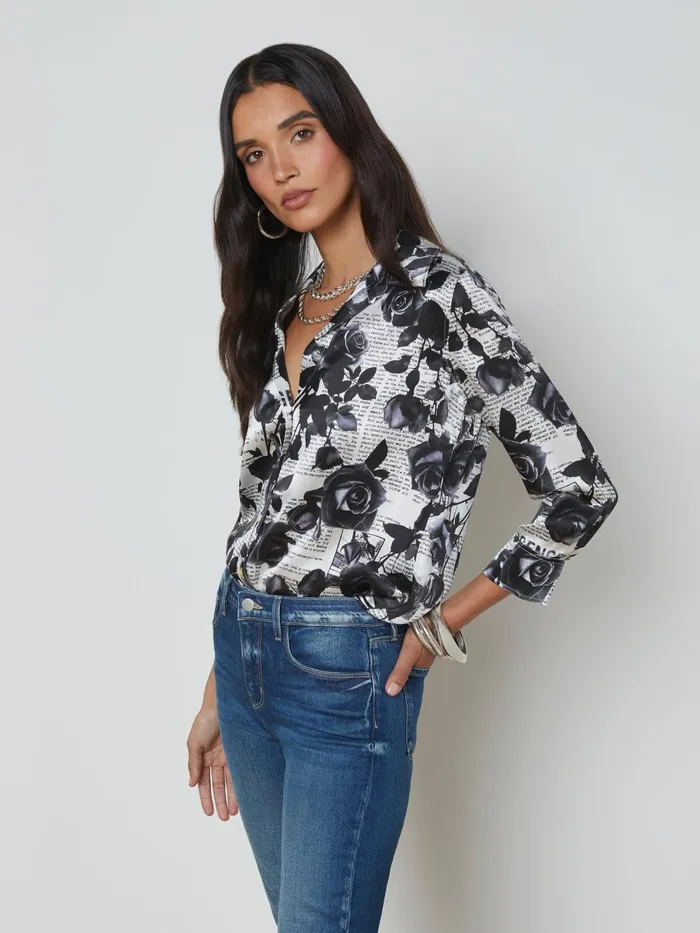 L039Agence Blouses and Tops Women Dani Silk Blouse Whiteblack Rose Newspaper L039Agence Blouses and Tops Women Dani Silk Blouse Whiteblack Rose Newspaper