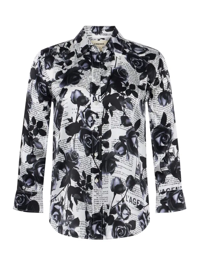 L039Agence Blouses and Tops Women Dani Silk Blouse Whiteblack Rose Newspaper L039Agence Blouses and Tops Women Dani Silk Blouse Whiteblack Rose Newspaper