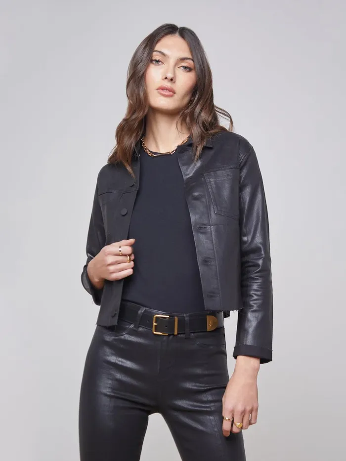 L039Agence Coated Denim Women Janelle Coated Denim Jacket Saturated Black Coated