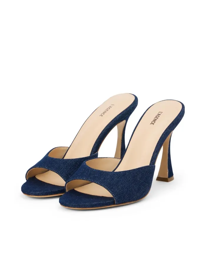 L039Agence Heels Women Avery Denim PeepToe Mule Dark Blue Denim