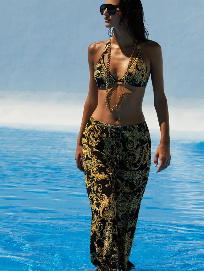 L039Agence Swimwear Women Annabelle Triangle Bikini Top Blackgold Barocco Swirl