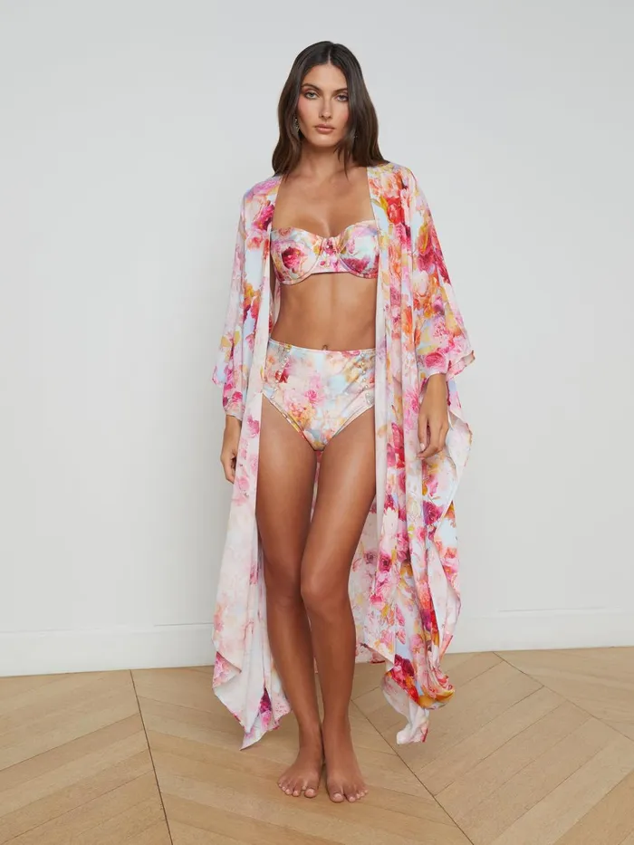 L039Agence Swimwear Women Kara Kimono CoverUp Multi Soft Cloud Floral