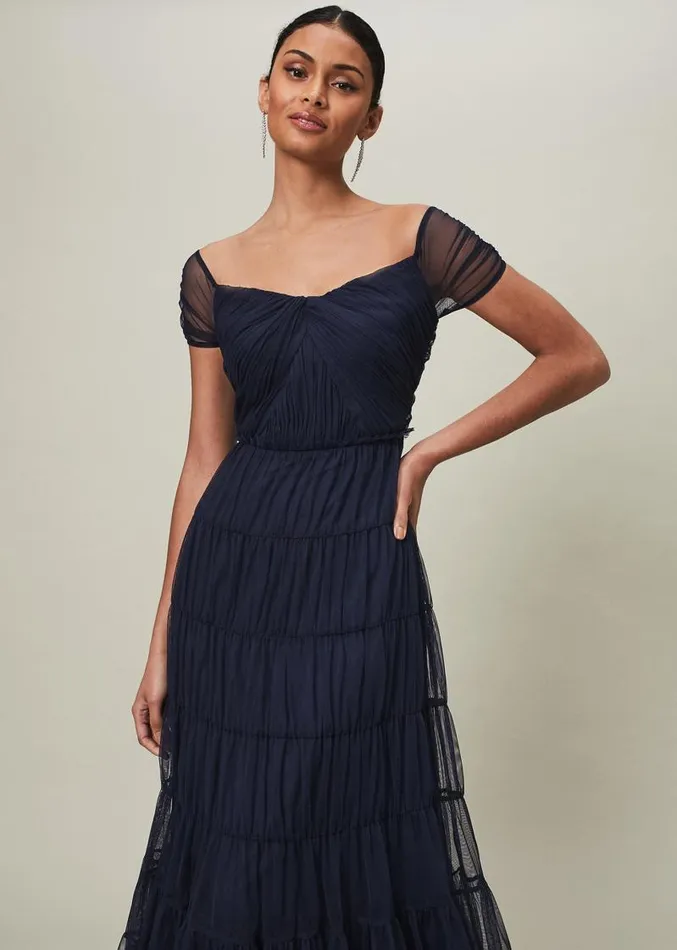 Layla Tulle Tiered Maxi Dress Navy Women Phase Eight Dresses