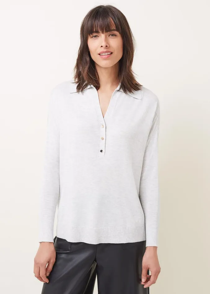 Lillianne Polo Neck Fine Knit Jumper Pale Grey Women Phase Eight Knitwear