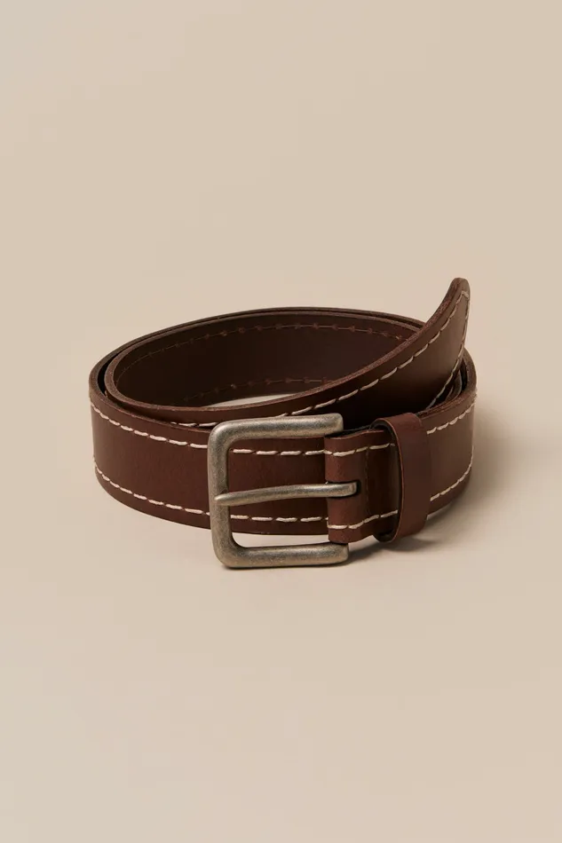 Lucky Brand Belts Men Edge Stitched Leather Belt Dark Brown