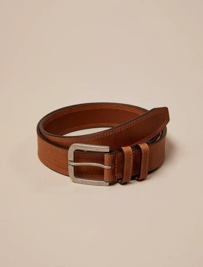 Lucky Brand Belts Men Triple Needle Stitch Leather Belt Medium Brown