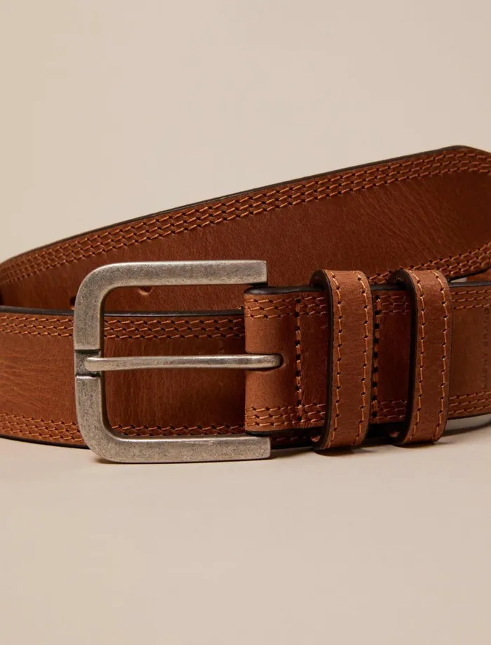 Lucky Brand Belts Men Triple Needle Stitch Leather Belt Medium Brown