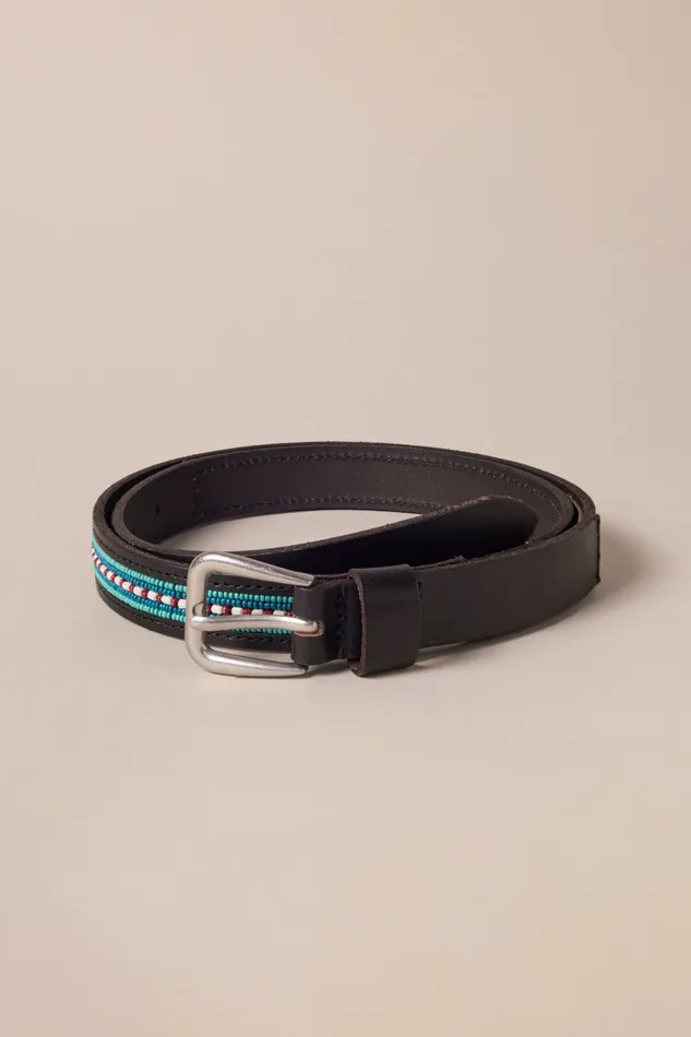 Lucky Brand Belts Women Turquoise Beaded Leather Belt Black