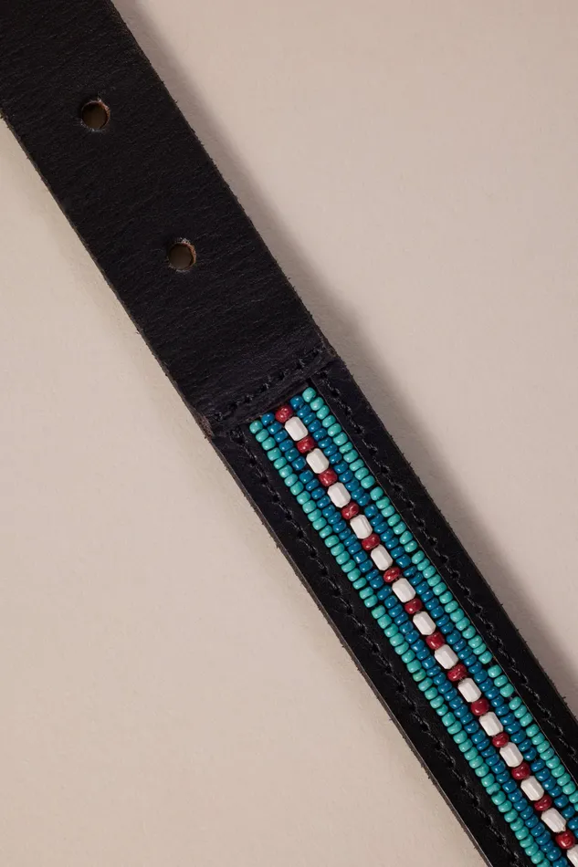 Lucky Brand Belts Women Turquoise Beaded Leather Belt Black