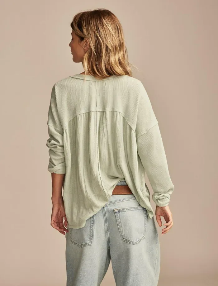 Lucky Brand Blouses Women Fabric Mix Long Sleeve Tunic Aqua Gray