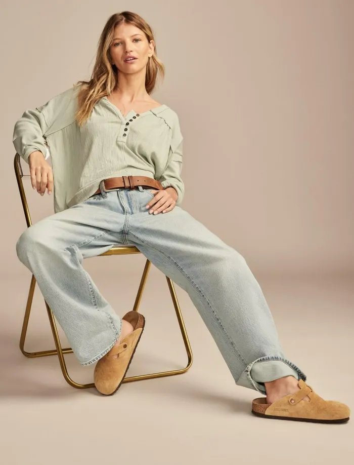 Lucky Brand Blouses Women Fabric Mix Long Sleeve Tunic Aqua Gray