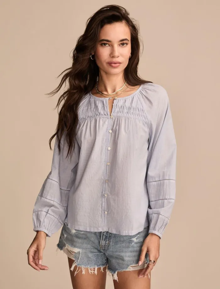 Lucky Brand Blouses Women Long Sleeve Pintuck Peasant Blue Stripe