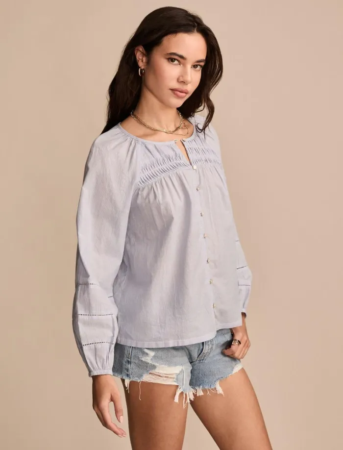 Lucky Brand Blouses Women Long Sleeve Pintuck Peasant Blue Stripe