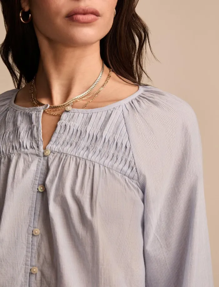 Lucky Brand Blouses Women Long Sleeve Pintuck Peasant Blue Stripe
