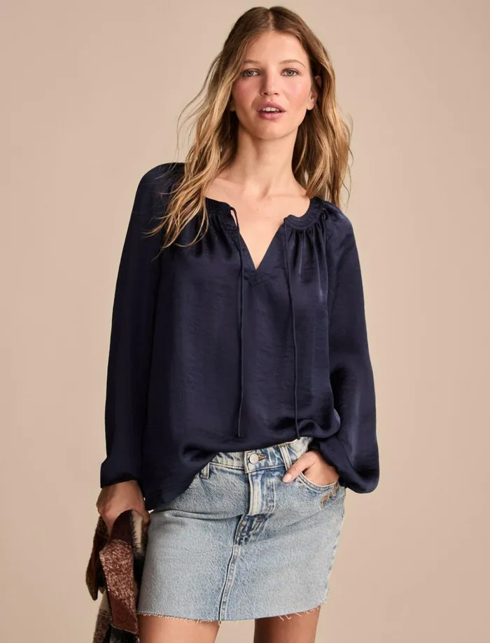 Lucky Brand Blouses Women Notch Neck Peasant Top Navy