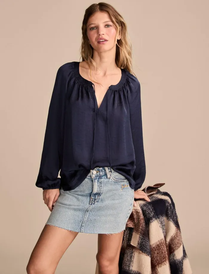Lucky Brand Blouses Women Notch Neck Peasant Top Navy