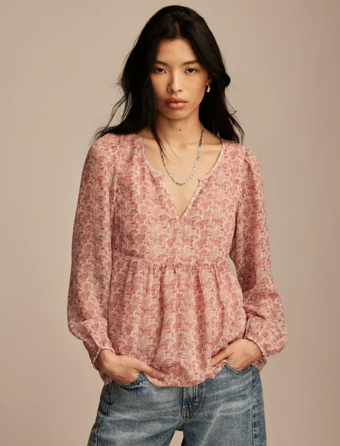 Lucky Brand Blouses Women Open Neck Printed Peasant Top Rose Multi